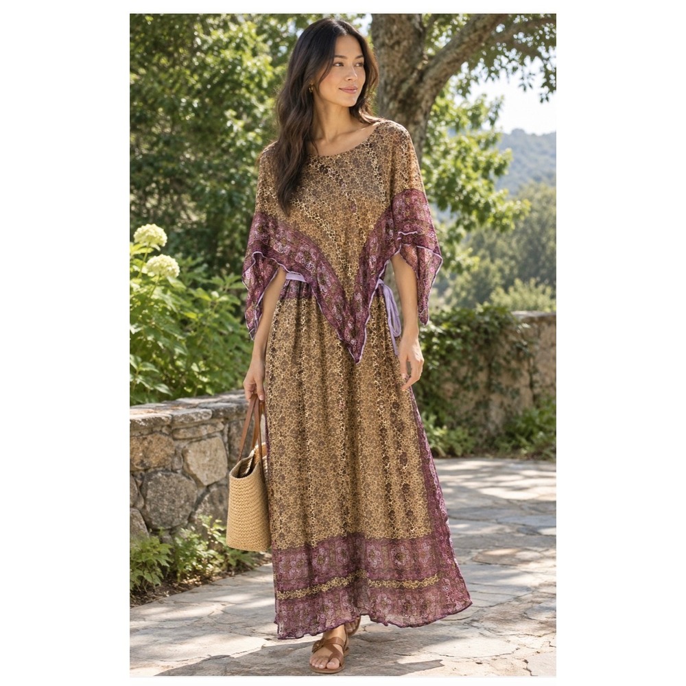 The Silk Farm Icinoo Vintage Silk Floral Kaftan Maxi Dress Purple Gold
